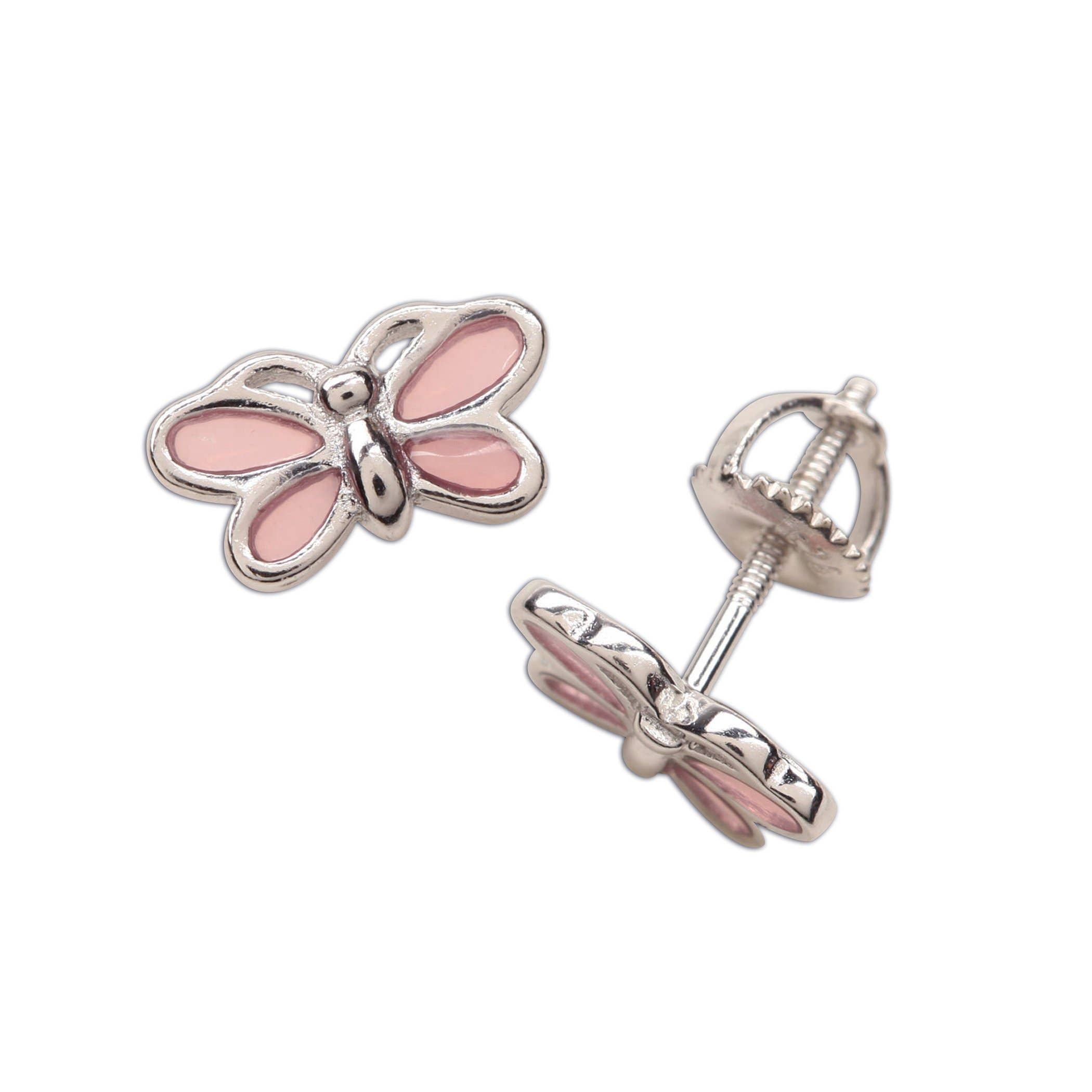 Sterling Silver Girls Screw-Back Pink Butterfly Earrings