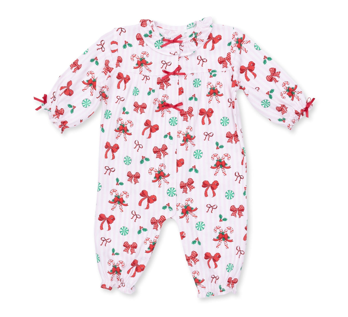 Bows & Candy Canes Long Sleeve Ruffled Romper