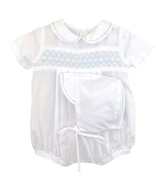 White Smocked Bubble with Blue Thread