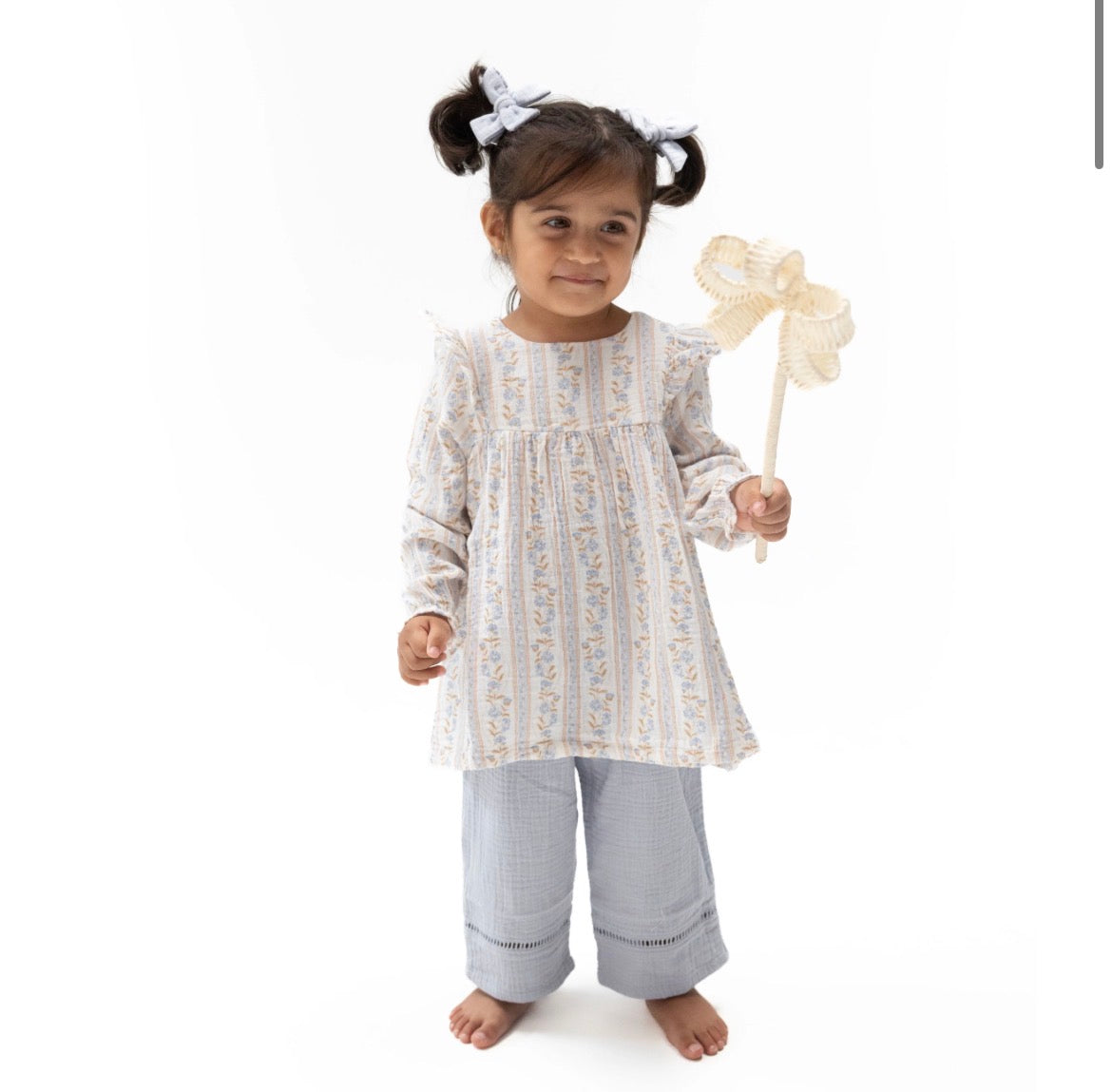 Catarina Floral Long Sleeve Ruffle Tunic And Smocked Waist Pant