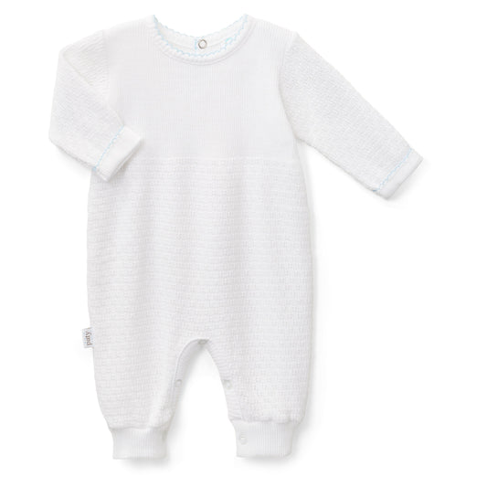Blue Trim Long Sleeve Knit Button Romper