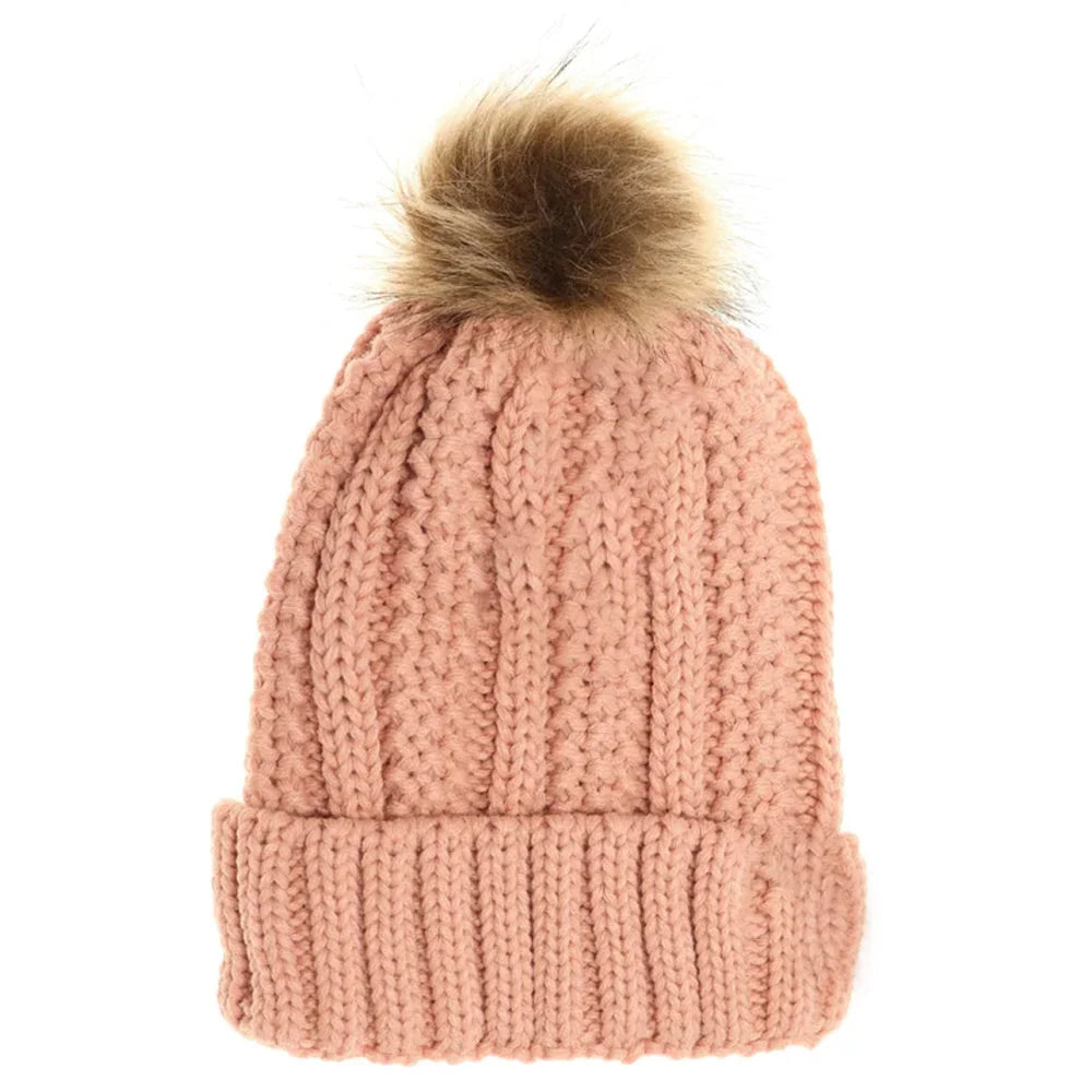 Pink Cable Knit Kids Pom Beanie
