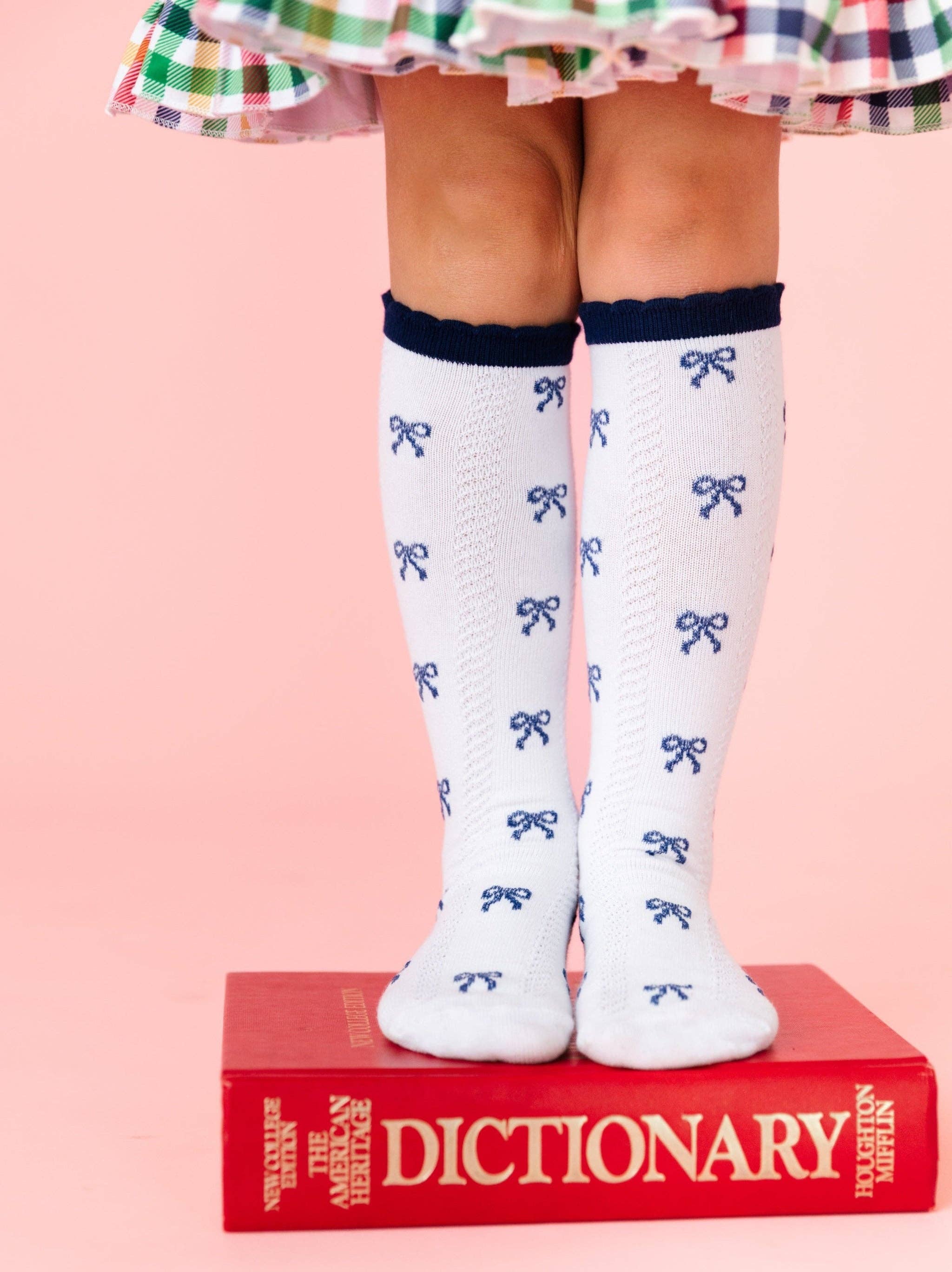 Navy Bow Scalloped Knee Socks