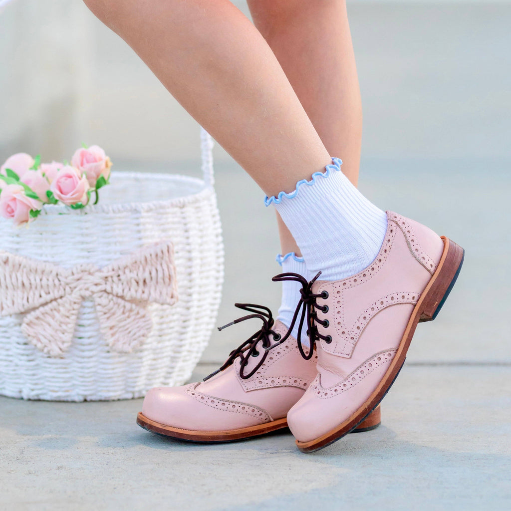 Ribbed Lettuce Trim Midi Socks - White/Bluebell