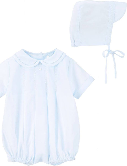 Blue Pleated Romper with Hand Feathered Stitching