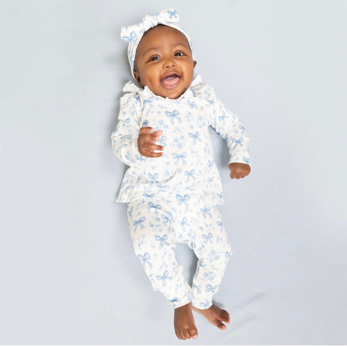 Long Sleeve Ruffle Top and pants In blue bows and flowers