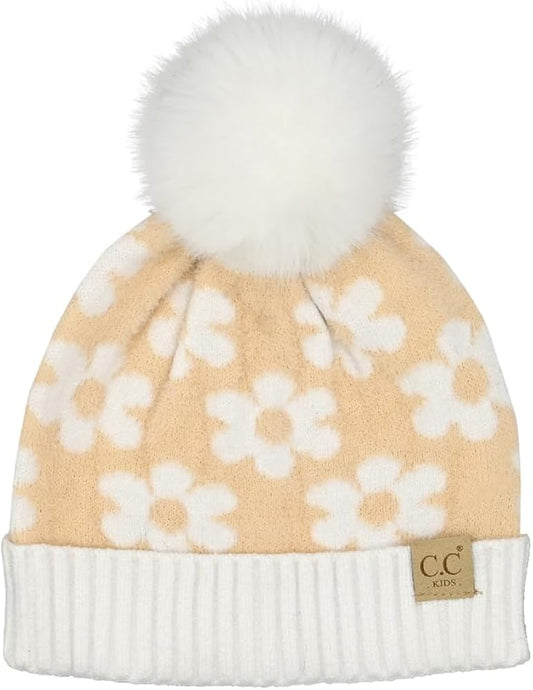 Kids Beige Flower Beanie
