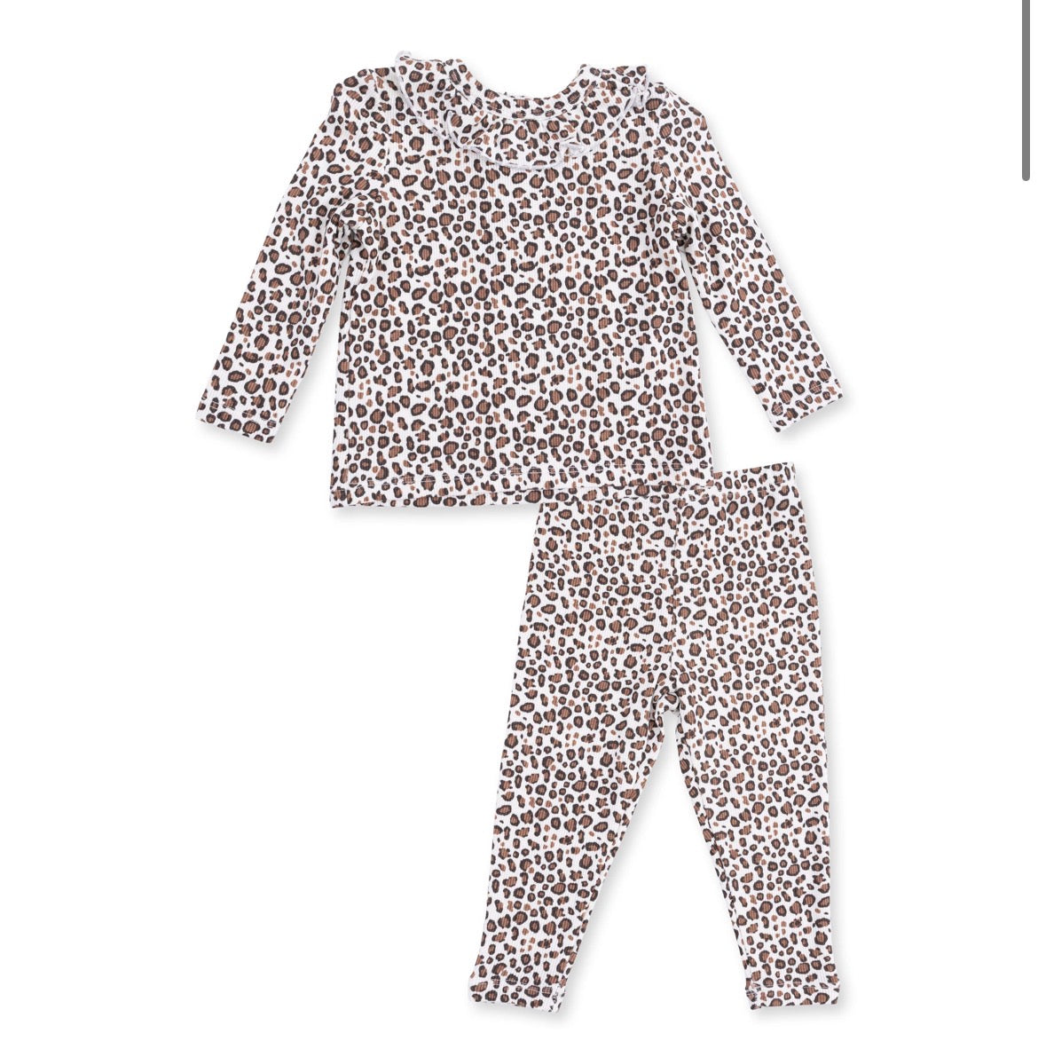 Long Sleeve Ruffle Top And Pant Leopard Rib