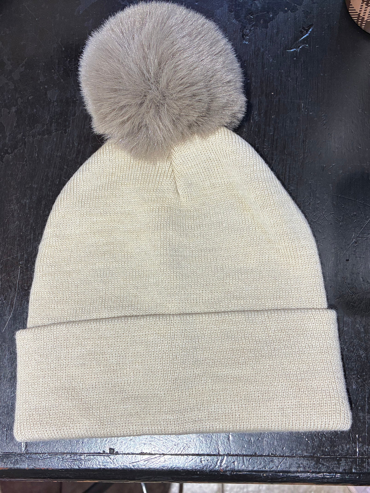 Kids Beige Pom Beanie