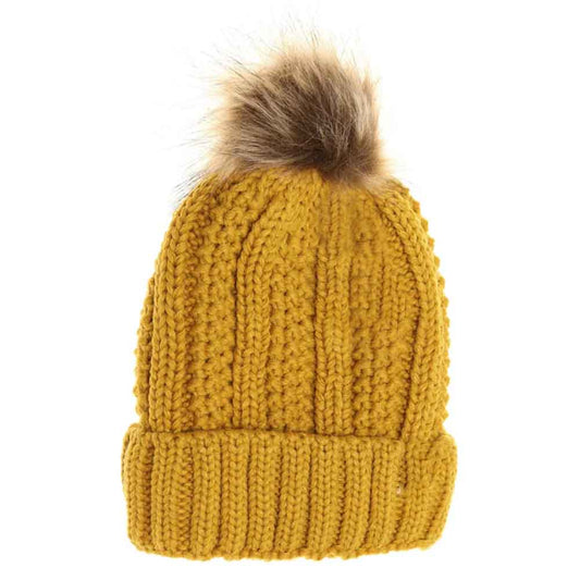 Mustard Cable Knit Kids Pom Beanie