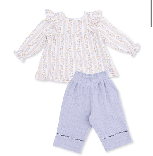 Catarina Floral Long Sleeve Ruffle Tunic And Smocked Waist Pant