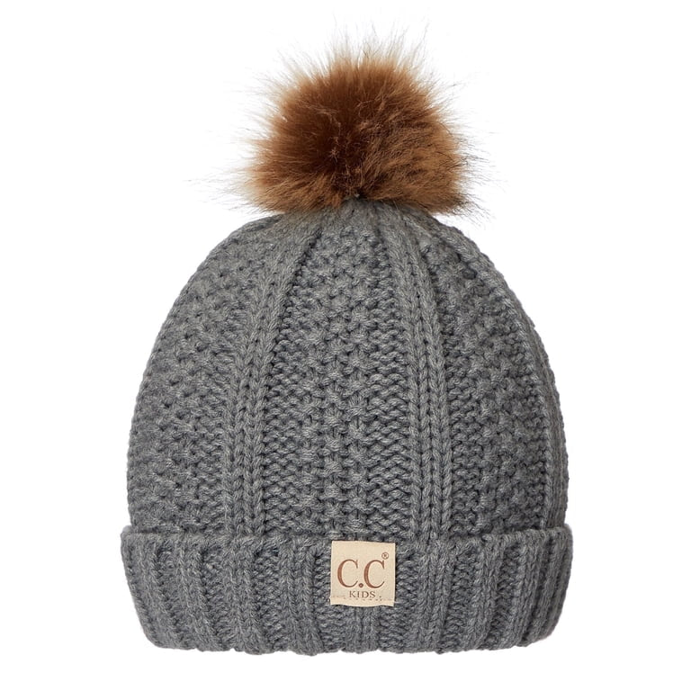 Grey Cable Knit Pom Kids Beanie