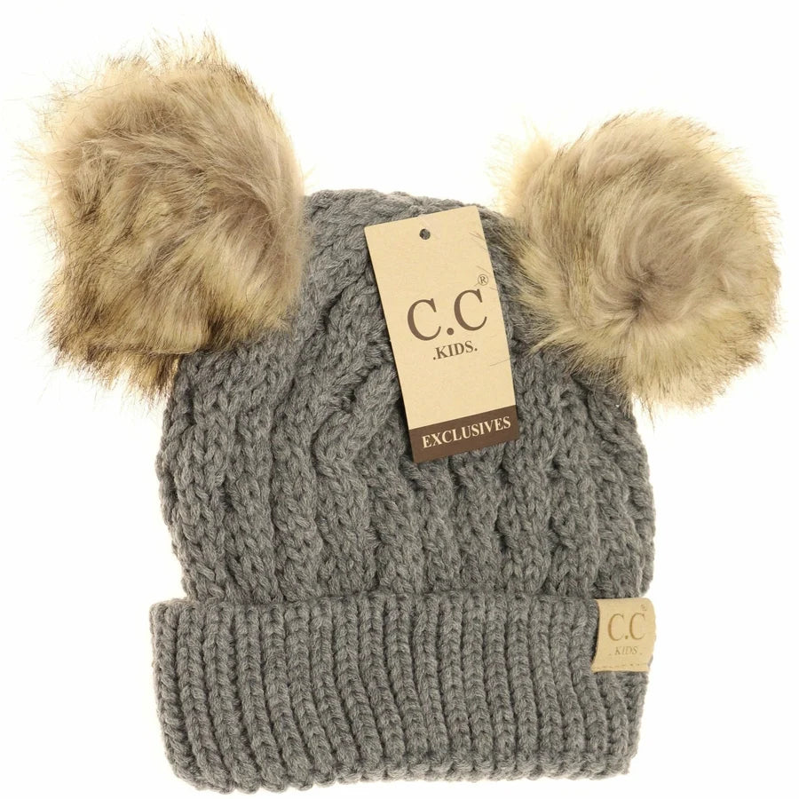 Grey Kids Double Pom Beanie