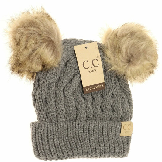 Grey Kids Double Pom Beanie