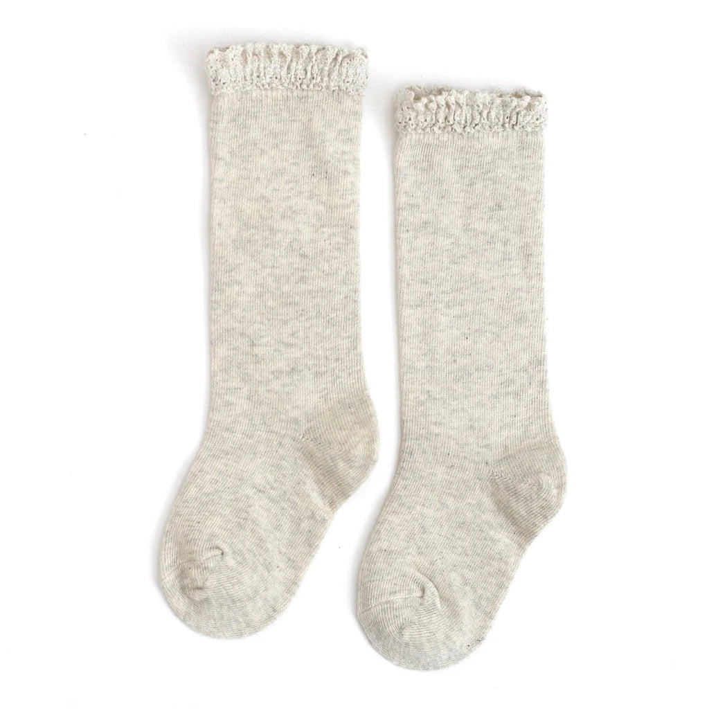 Heathered Ivory Lace Trim Knee High Socks