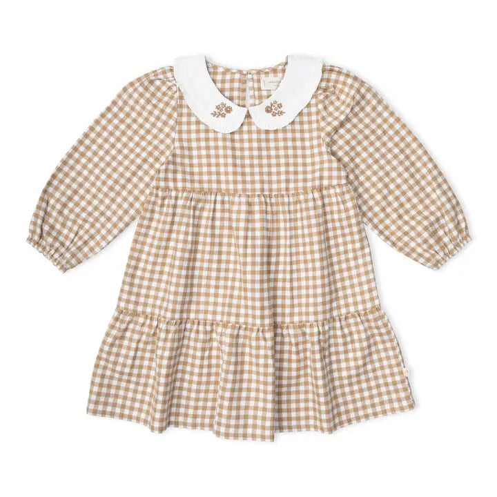 Organic Collar Tiered Dress in Oat Gingham