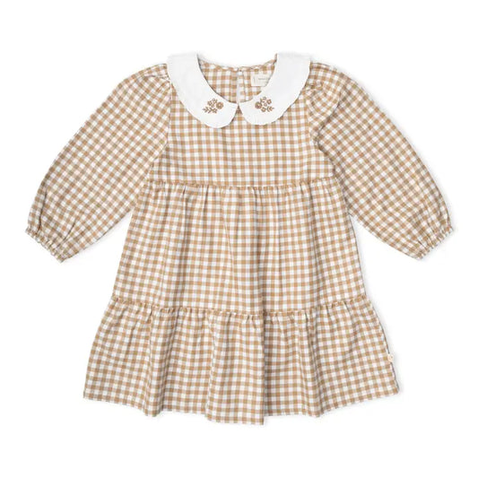 Organic Collar Tiered Dress in Oat Gingham