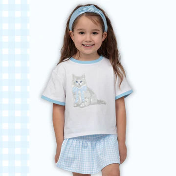 Blue Gingham Bow Kitty Ringer Boxy Tee