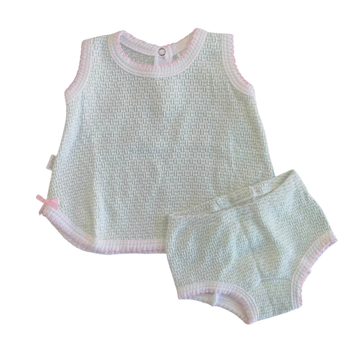Paty Knit Mint With Pink Trim Diaper Set