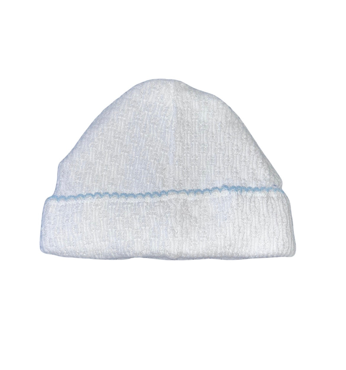 White Knit Saylor Beanie with Blue Trim