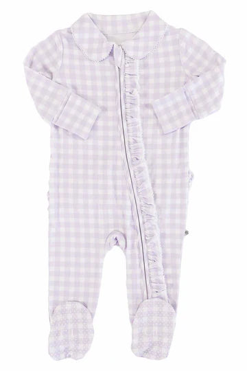 LILAC GINGHAM PETER PAN COLLAR RUFFLE ZIPPER FOOTIE