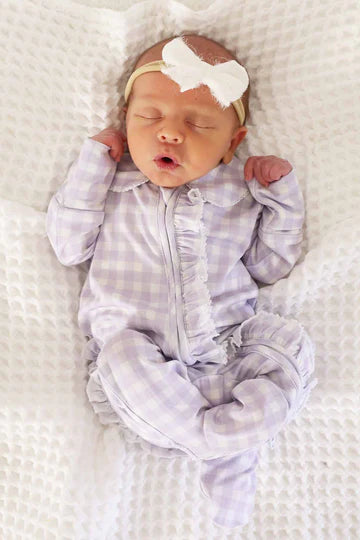 LILAC GINGHAM PETER PAN COLLAR RUFFLE ZIPPER FOOTIE