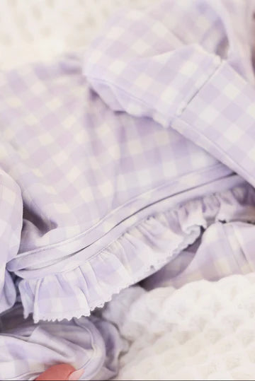 LILAC GINGHAM PETER PAN COLLAR RUFFLE ZIPPER FOOTIE