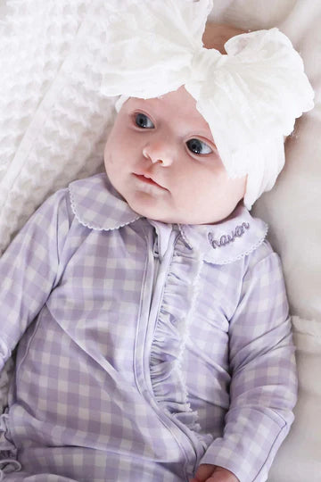 LILAC GINGHAM PETER PAN COLLAR RUFFLE ZIPPER FOOTIE
