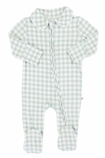 MOSS GINGHAM PETER PAN COLLAR ZIPPER FOOTIE