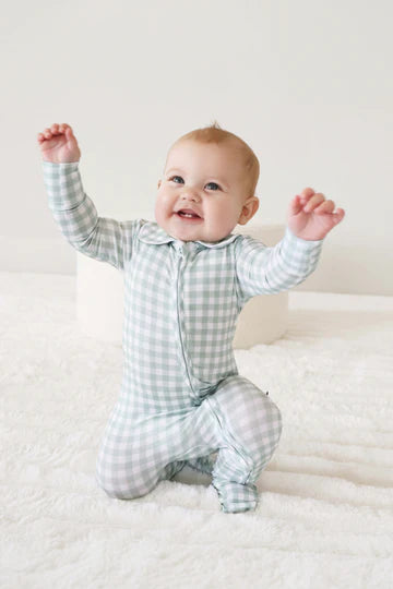 MOSS GINGHAM PETER PAN COLLAR ZIPPER FOOTIE