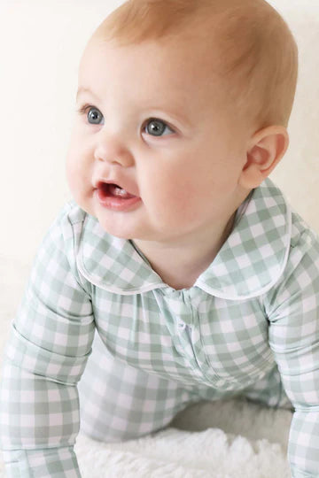 MOSS GINGHAM PETER PAN COLLAR ZIPPER FOOTIE