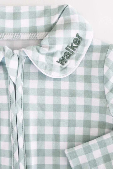 MOSS GINGHAM PETER PAN COLLAR ZIPPER FOOTIE