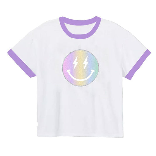 Glitter Pastel Rainbow Smiley Ringer Boxy T