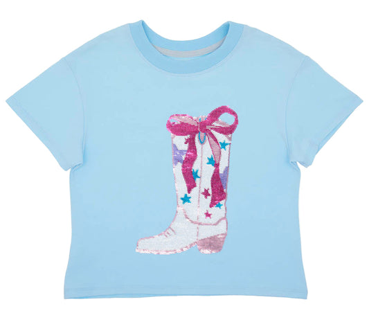 Blue Sequin Cowgirl Boot Boxy Tee