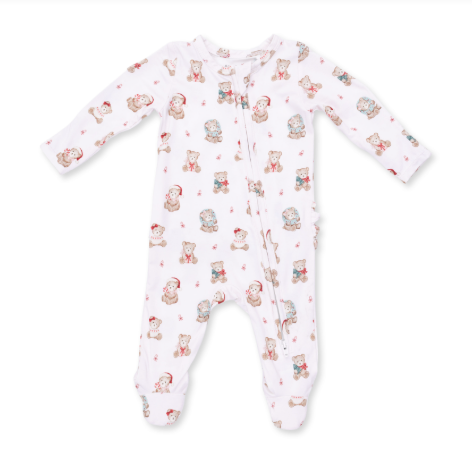 Christmas Teddy Bears Pink - 2 Way Ruffle Back Zipper Footie
