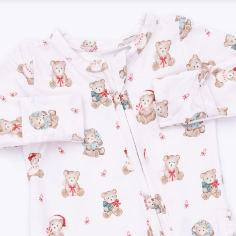 Christmas Teddy Bears Pink - 2 Way Ruffle Back Zipper Footie