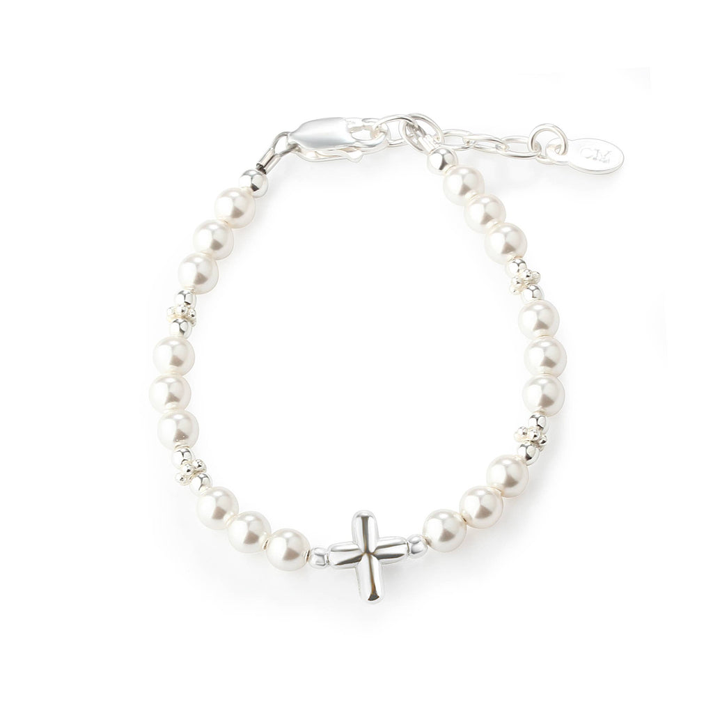 Girls Sterling Silver Pearl Cross Baby Bracelet Baptism Gift