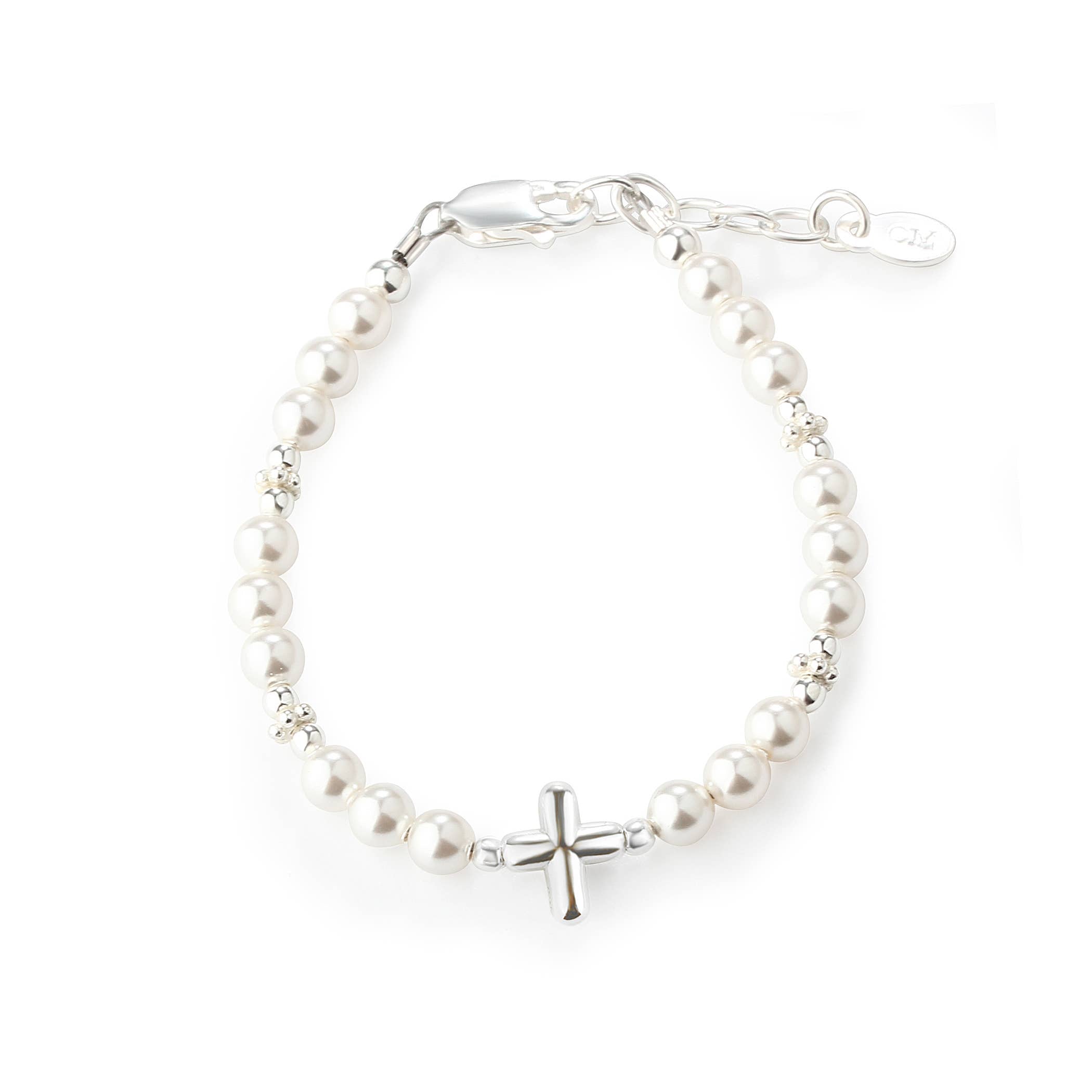 Girls Sterling Silver Pearl Cross Baby Bracelet Baptism Gift