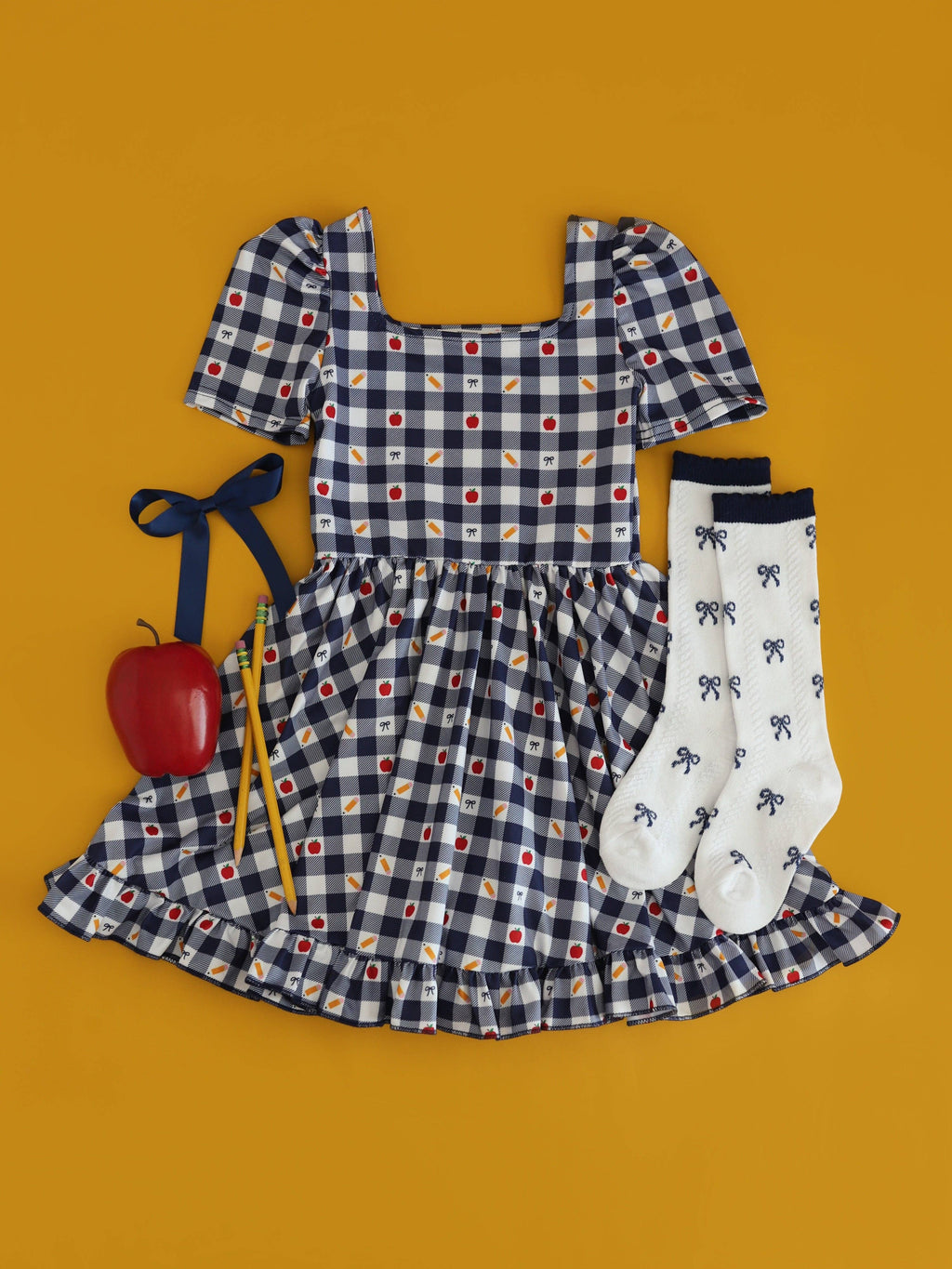Navy Bow Scalloped Knee Socks