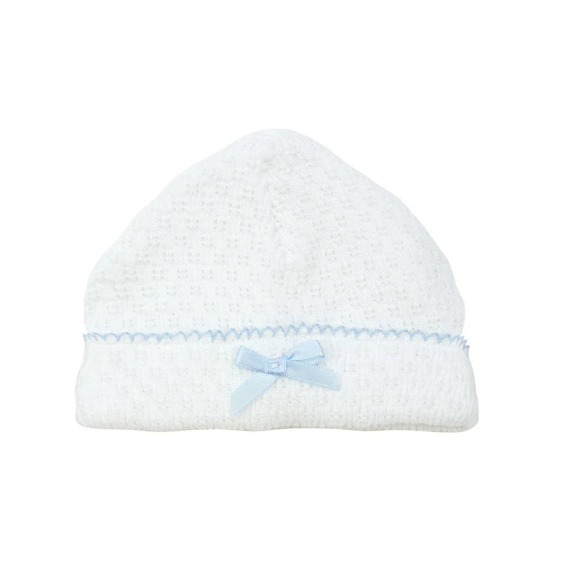 White Knit Saylor Beanie with Blue Trim