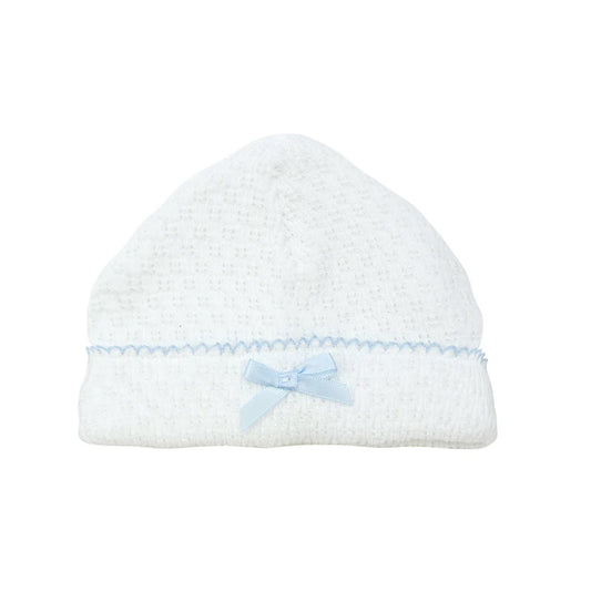 White Knit Saylor Beanie with Blue Trim