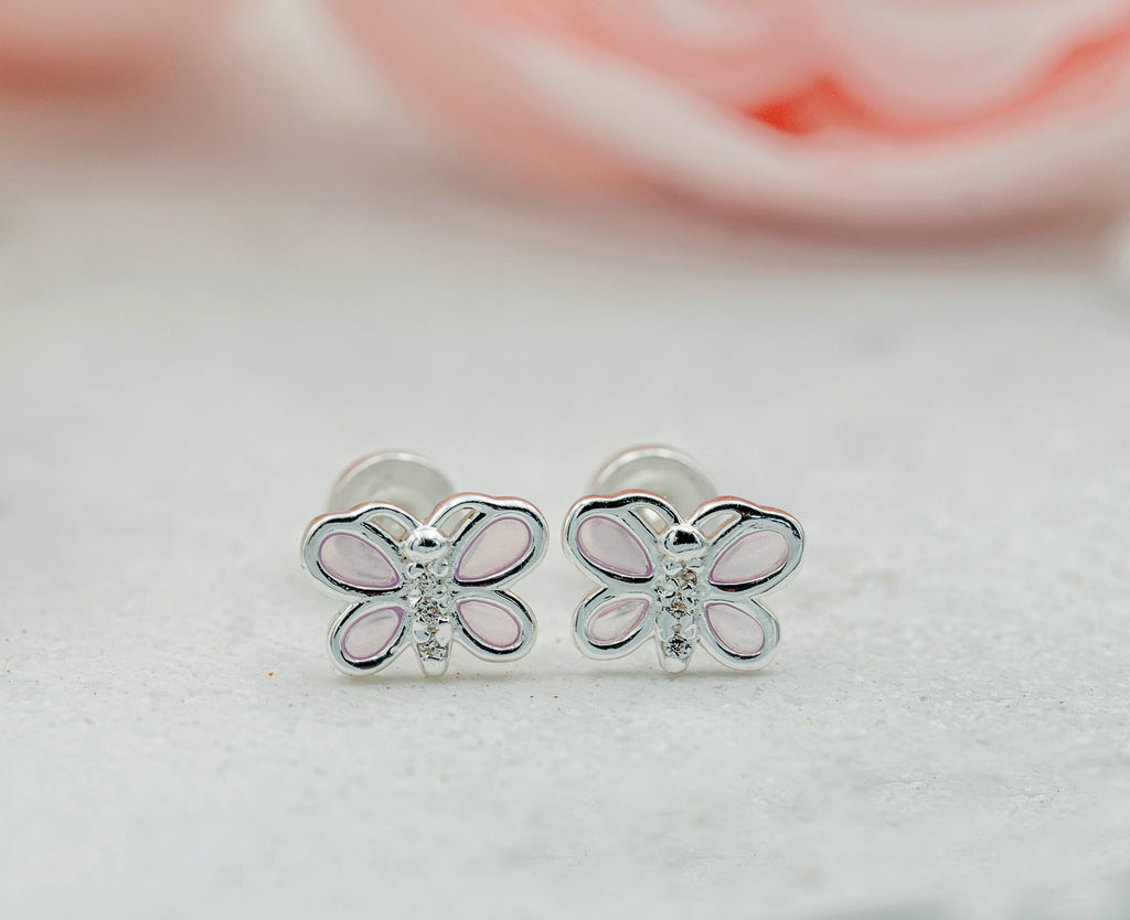 Sterling Silver Girls Screw-Back Pink Butterfly Earrings
