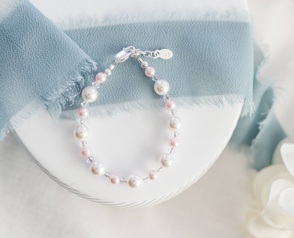 Sterling Silver Pink and White Pearl Baby Bracelet for Girls