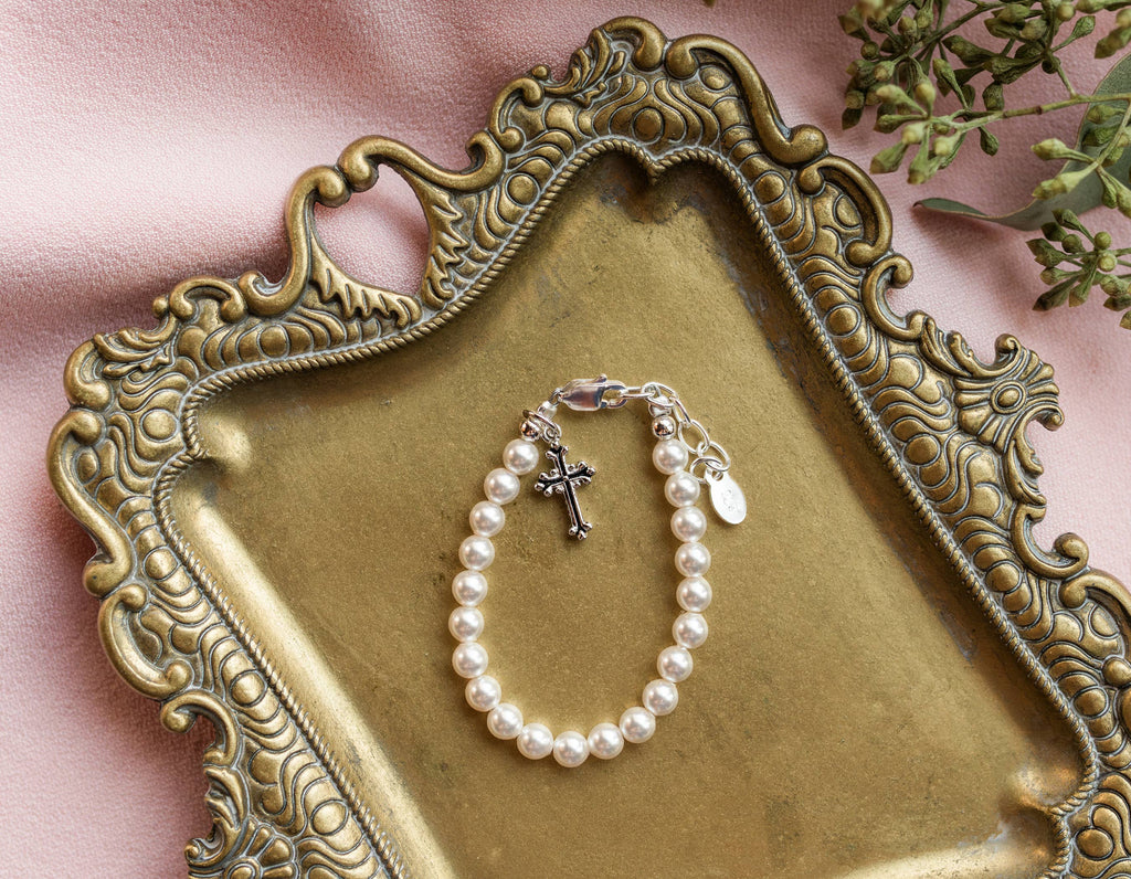 Girls Silver Pearl Cross Baby Baptism and Communion Bracelet