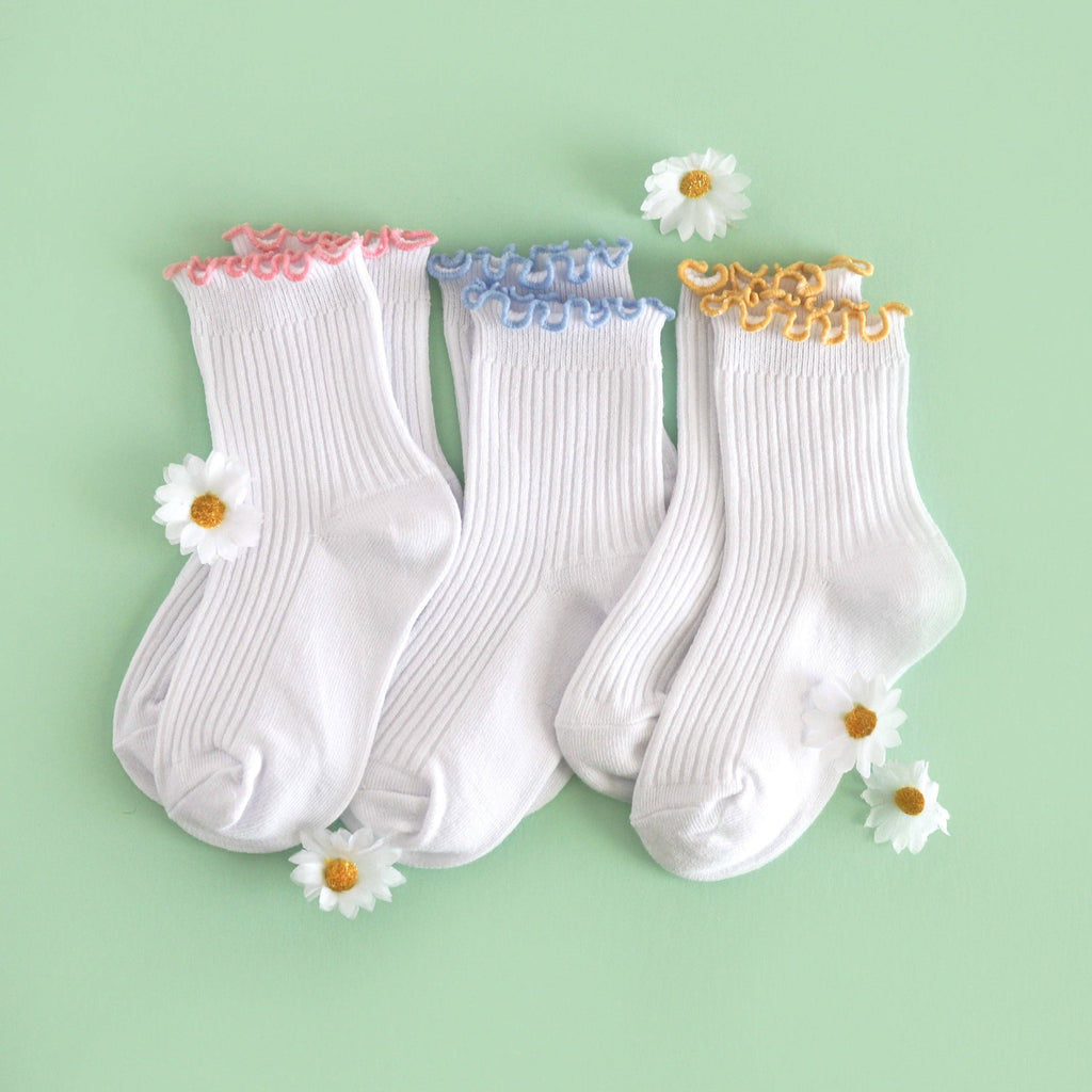 Ribbed Lettuce Trim Midi Socks - White/Blossom