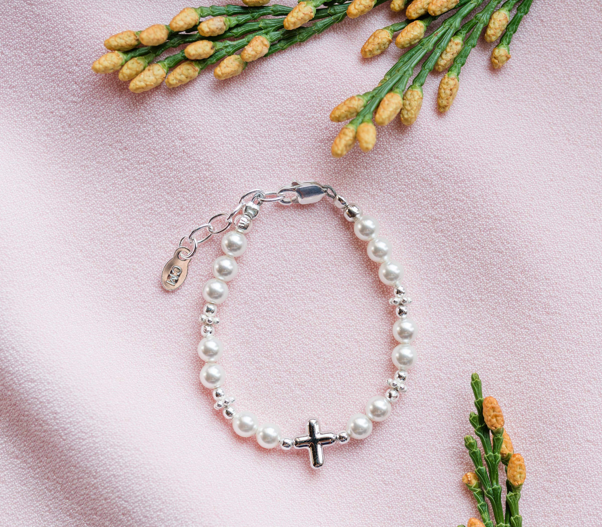 Girls Sterling Silver Pearl Cross Baby Bracelet Baptism Gift