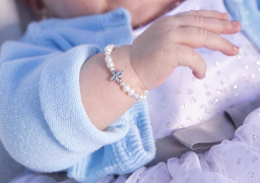 Girls Sterling Silver Pearl Cross Baby Bracelet Baptism Gift