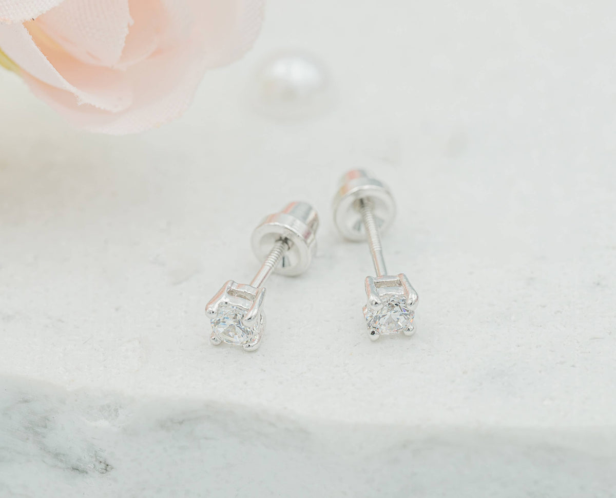 Sterling Silver Clear CZ Stud Earrings for Baby and Children