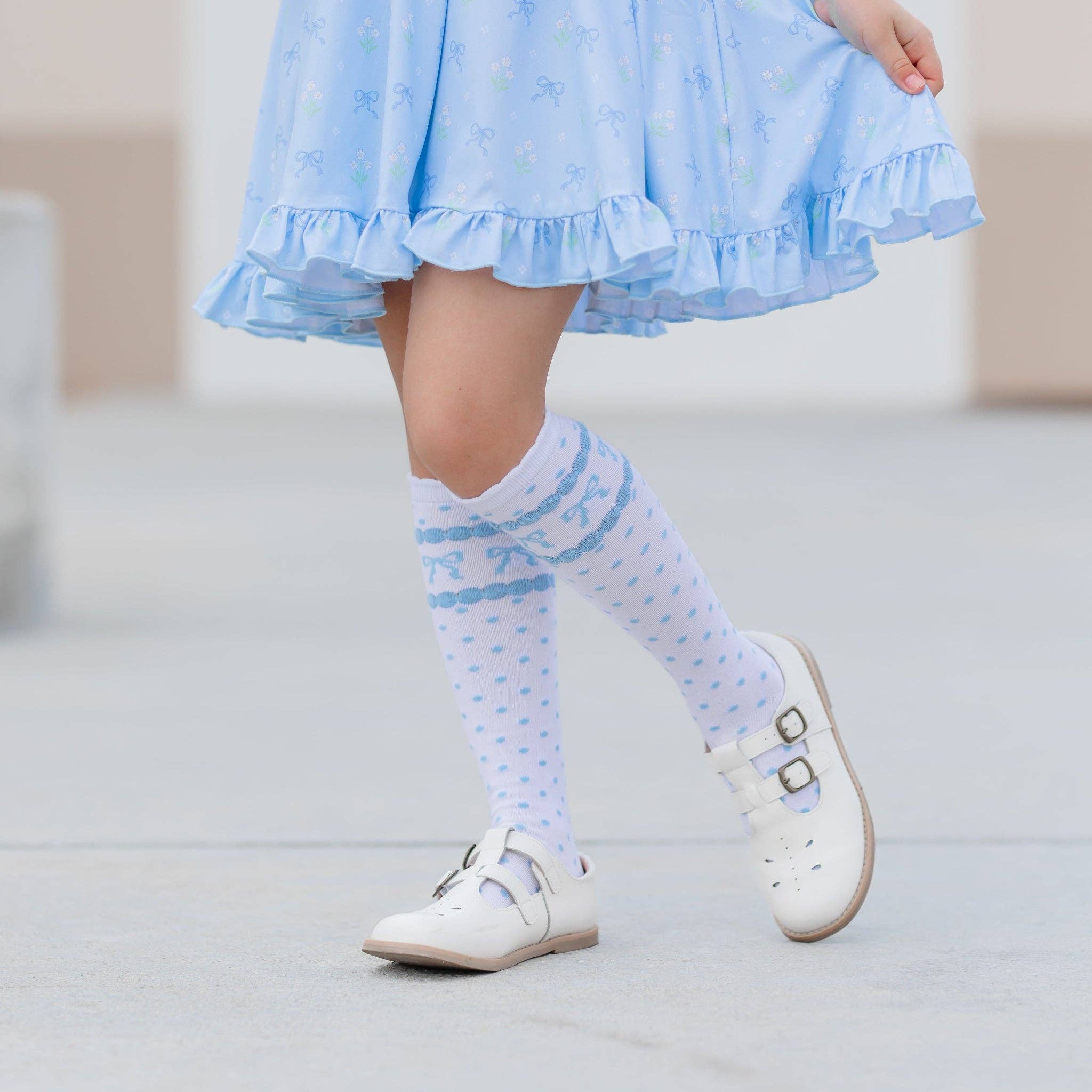 Blue Bow Scalloped Knee Socks