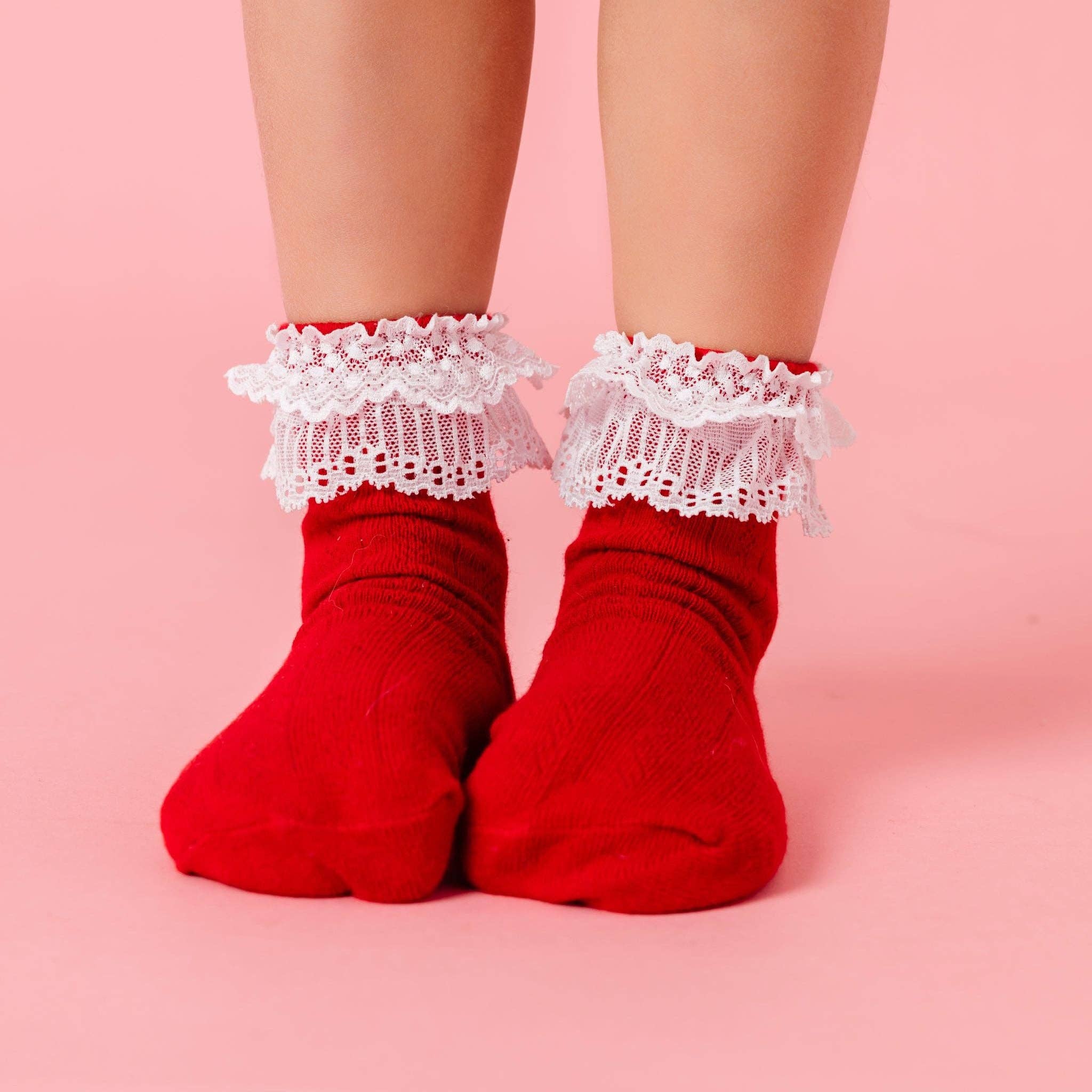 Lace Bobby Socks - Red/White